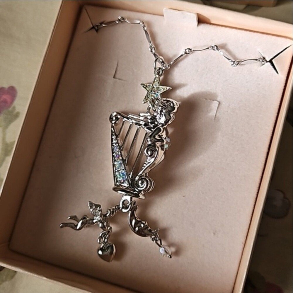 Vintage 90s KIRKS FOLLY Fairycore Angels Harp Rhinestones Pendant Necklace NEW